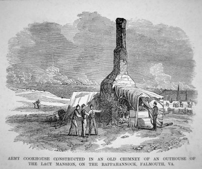 Armeeküche in einem alten Schornstein eines Nebengebäudes des Lacy-Herrenhauses am Rappahannock, Falmouth, Virginia (Gravur) von American School