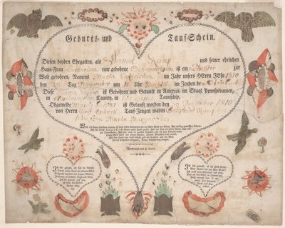 Geburts- und Taufschein für Maria Catharina Raup ca. 1806 von American School