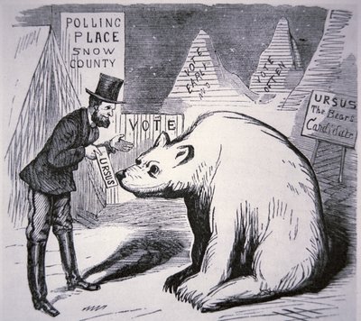 Karikatur eines amerikanischen Politikers, der versucht, Wähler im unbewohnten Alaska zu finden von American School