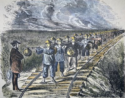 Charles Crocker (1822-88) und seine chinesischen Arbeiter beim Bau der Central Pacific Railroad, abgeschlossen 1869 von American School