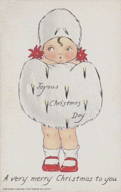 Weihnachtsgrußkarte mit einem Kind mit Weihnachtsfellmuff und Hut von American School