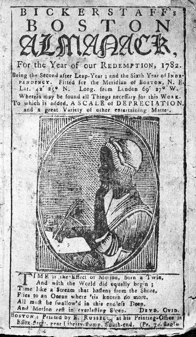 Titelblatt von Bickerstaffs Boston Almanack mit einem Porträt von Phillis Wheatley (1753-84), veröffentlicht 1782 von American School
