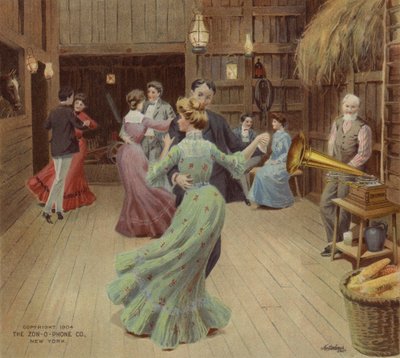 Tanzen in einer Scheune zu einem Phonographen von American School