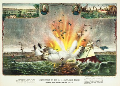 Zerstörung des US-Kriegsschiffs Maine im Hafen von Havanna am 15. Februar 1898, veröffentlicht 1898 von American School