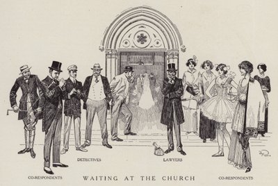 Detektive, Anwälte und Mitbeteiligte warten darauf, dass eine kirchliche Hochzeit endet von American School
