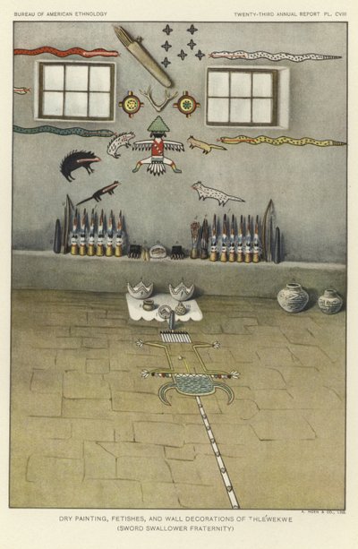 Trockengemälde, Fetische und Wanddekorationen von Thlewekwe (Schwertschlucker-Bruderschaft) von American School