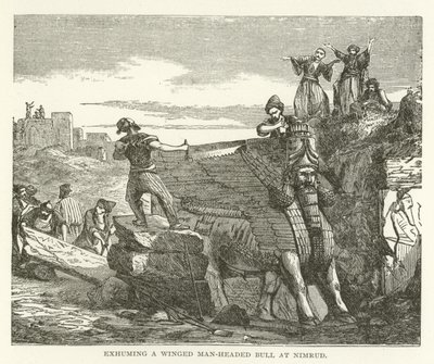 Ausgrabung eines geflügelten, menschenköpfigen Stiers in Nimrud von American School