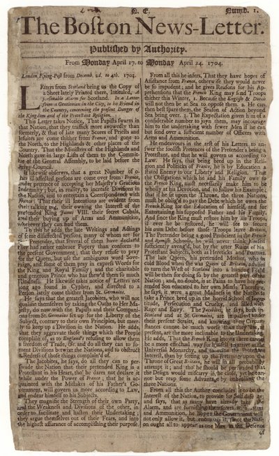Erste Ausgabe des Boston News-Letter, 1704 von American School