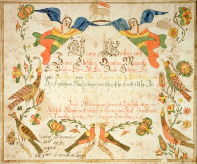 Fraktur für die Geburts- und Taufurkunde für Elizabeth Wachter (1808-71) 1808 von American School