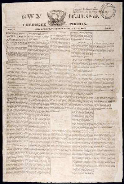 Titelseite der Cherokee Phoenix, 21. Februar 1828 von American School