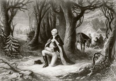 George Washington betet im Winter 1777-78 im Lager des amerikanischen Unabhängigkeitskrieges in Valley Forge, nach einem Gemälde von Henry Brueckner von American School