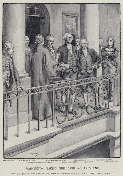 George Washington legt den Amtseid als Präsident ab, 30. April 1789 (Litho) von American School