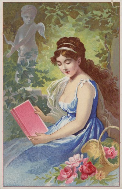 Mädchen im blauen Kleid liest ein Buch von American School