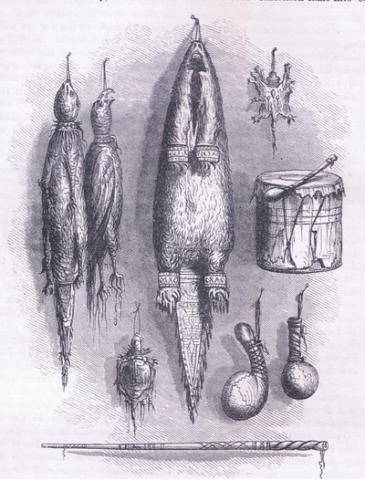 Indianischer Medizinbeutel, Geheimnispfeife, Schlachten und Trommel 1661, Illustration aus Cassell