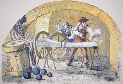 Herstellung von konföderierten Geschützlafetten in den Tredegar Iron Works in Richmond, Virginia (farbige Gravur) von American School