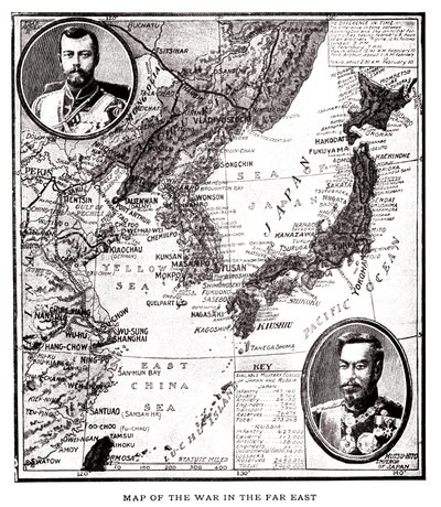 Karte von Ost-Russland, Korea und Japan während des japanisch-russischen Konflikts (1904-1905). Im Medaillon Zar Nikolaus II. von Russland (1868-1918) und Kaiser Meiji von Japan (1852-1912). Illustration in „Russia and Japan and a complete history of the w von American School