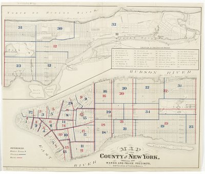 Karte des County New York, zeigt die Bezirke und Polizeireviere und die Lage der Wachen, 1870 von American School