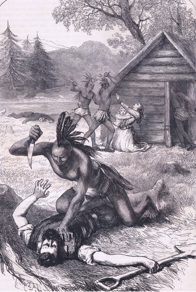 Massaker an den Siedlern, Illustration aus Cassells Geschichte der Vereinigten Staaten, veröffentlicht von Petter & Galpin ca. 1890 von American School