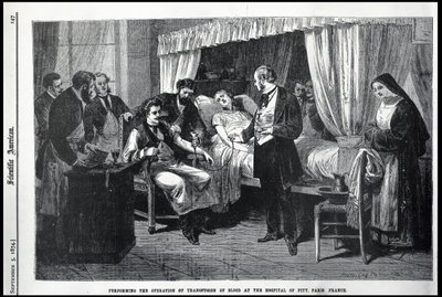Durchführung der Bluttransfusion im Krankenhaus der Barmherzigkeit, Paris, Frankreich, Illustration aus dem American Scientist von American School