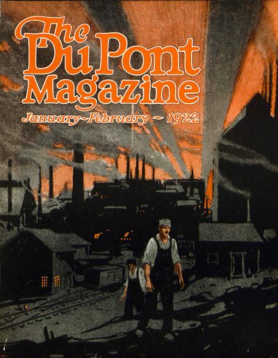 Anheben einer Eisenbahnbrücke mit Dynamit, Titelseite des DuPont Magazins, Januar-Februar 1922 von American School