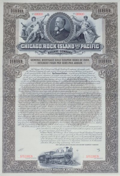 Musteranleihezertifikat für 1000 Dollar für die Chicago, Rock Island and Pacific Railway Company, 1898 von American School