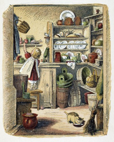 Lagerung in der Küche in „Schnik, schnak, Kleinigkeiten für die Kleinen“, Kinderspiele. Hrsg. London- Georges Ronthedge und Söhne. New York, The broad way Ludgate n.d. ca. 1890. von American School