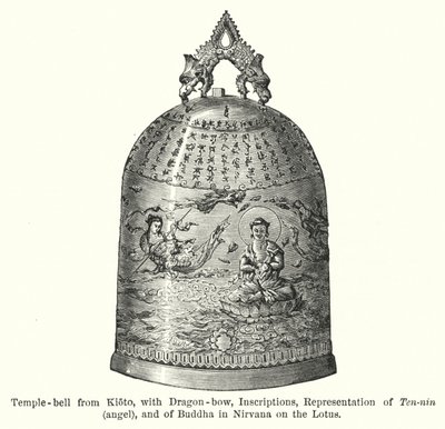 Tempelglocke aus Kioto, mit Drachenbogen, Inschriften, Darstellung von Ten-nin, Engel, und von Buddha im Nirvana auf der Lotusblume (Gravur) von American School