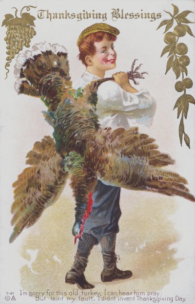 Thanksgiving-Grußkarte mit einem Mann mit einem Truthahn von American School