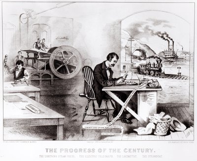 Der Fortschritt des Jahrhunderts: Die Blitz-Druckpresse, der elektrische Telegraph, die Lokomotive und das Dampfschiff, veröffentlicht von Currier & Ives, 1876 von American School