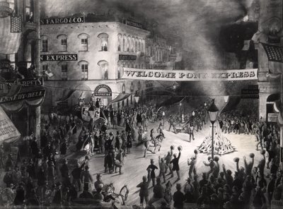 Triumphale Ankunft des ersten Pony-Express-Boten in Sacramento, 13. April 1860 von American School