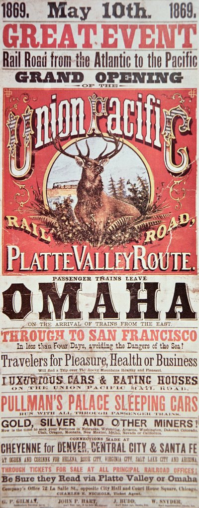 Union Pacific Railroad Poster, der die erste transkontinentale Eisenbahn durch die USA bewirbt von American School