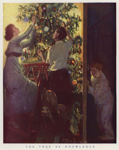 Junge versteckt sich hinter der Tür, während seine Familie den Weihnachtsbaum schmückt von American School