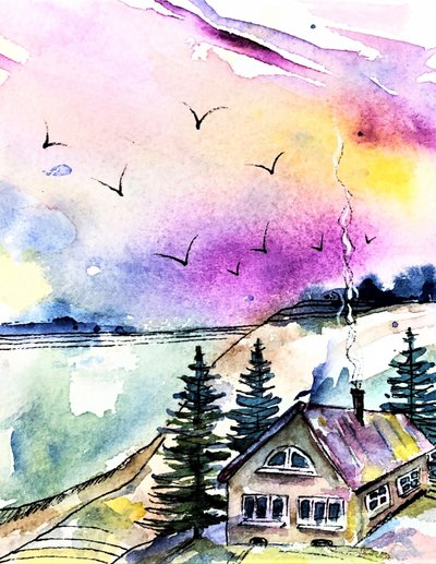 Gemütliche Aquarelllandschaft von Anda Bieza