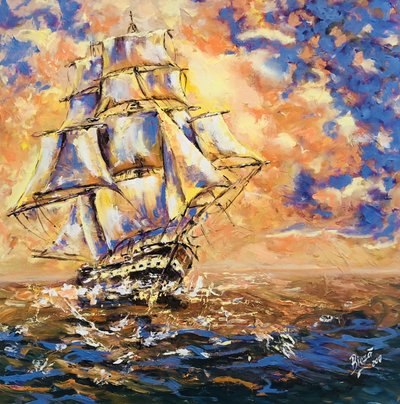 Großes Schiff bei Sonnenuntergang von Anda Bieza
