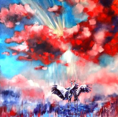 Zwei Kraniche Rote Wolken von Anda Bieza