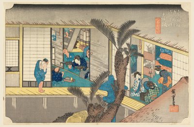 Akasaka, Innenansicht eines Gasthauses, in Die Dreiundfünfzig Stationen der Tokaido-Straße (Tokaido Gojusan Tsugi-no Uchi) von Ando Hiroshige