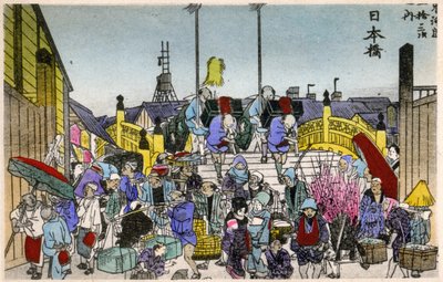Geographie. Japan. Das Morgenrot an der Nihonbashi (1. Station). Holzschnitt von Hiroshige in: Dreiundfünfzig Stationen des Tokaido (1833-1834). Postkarte, Japan, ca. 1900 von Ando or Utagawa (after) Hiroshige