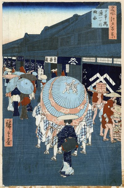 Japanischer Druck: Blick auf die Hauptstraße von Nihonbashidori (Tokio, Japan). Serie Hundert berühmte Ansichten von Edo von Ando or Utagawa Hiroshige