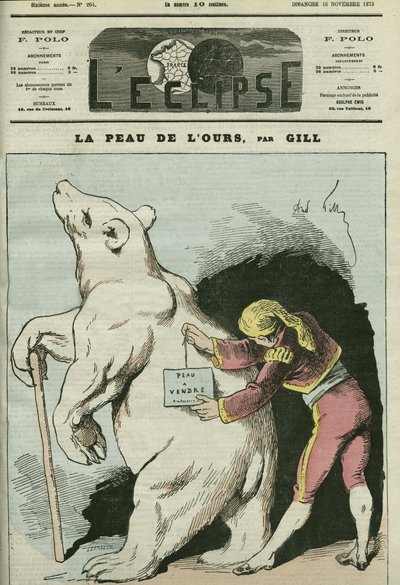 Karikatur von „Die Haut des Bären, Haut zu verkaufen“, mit Bezug auf Politiker, die als Verkäufer betrachtet werden. Titelblatt in „L