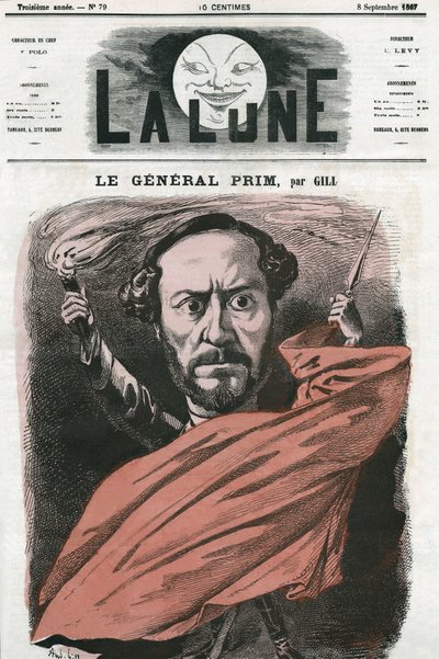 Porträt von General Juan Prim (1814-1870), spanischer Militär und Politiker. Karikatur von Gill, in „The Moon“, 8. September von Andre Gill