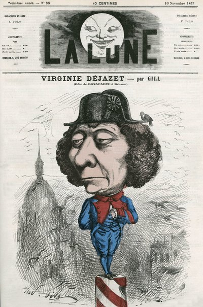 Porträt von Virginie Dejazet (1798-1875), französische Schauspielerin in der Rolle von Bonaparte. Karikatur von Gill, in „La Lune“, 10. November von Andre Gill