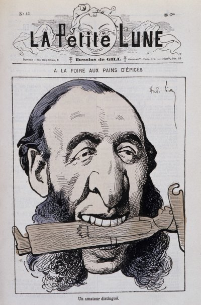 Der Lebkuchenmarkt, ein distinguierter Amateur: Karikatur von Jules Ferry antiklerikal - in „Der kleine Mond“ von Andre Gill