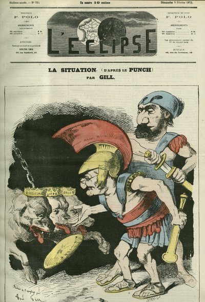 Die Situation, Karikatur von Adolphe Thiers (1797-1877) und Leon Gambetta (1838-1882), die einem Ministerium königliche und bonapartistische Hunde geben. Titelblatt in „L