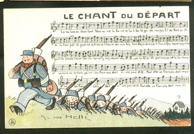Postkarte, Satirisch in Farben: Das Lied des Abschieds - Krieg von 14-18, Illustration von Andre Helle (1875-1945) von Andre Helle