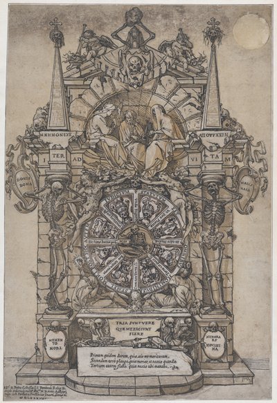 Triumph des Todes mit drei Schicksalsgöttinnen in einem architektonischen Rahmen über einem Glücksrad, 1588 von Andrea Andreani