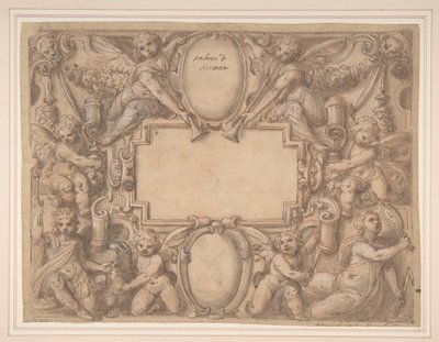 Eine Kartusche und zwei Schilde umgeben von allegorischen Figuren, 1570-1631 von Andrea Lilli