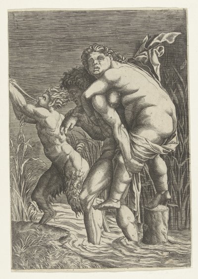 Mann trägt Frau auf seinem Rücken und ein Satyr von Andrea Mantegna (school of)