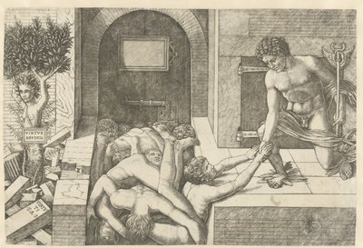 Merkur als Personifikation der Tugend rettet Seelen im Vorhof und Daphne verwandelt sich in einen Baum von Andrea Mantegna (school of)