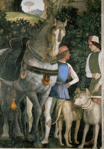 Zwei Pferdeknechte mit dem Pferd und den Hunden von Lodovico Gonzaga von Andrea Mantegna