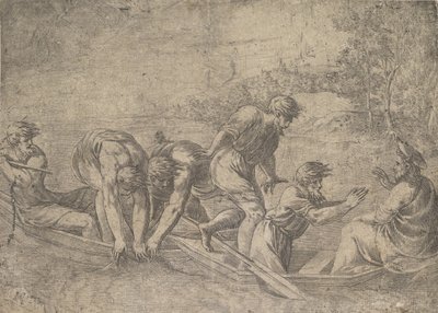 Der wunderbare Fischfang, Christus rechts begleitet von Aposteln, ca. 1548-52 von Andrea Schiavone